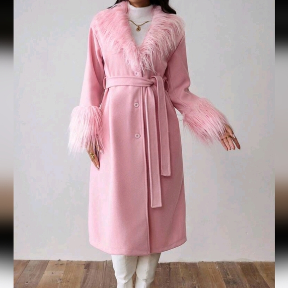 Women Overcoats Long Woolen Long Trench Coat Contrast Fax Fur Cuff And Fur Lapel - Picture 1 of 4
